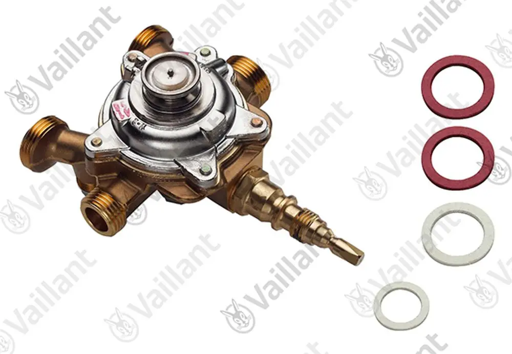 Wasserschalter von Vaillant mit mehreren Anschlüssen und O-Ringen in verschiedenen Farben. Das Gerät hat eine zentrale Reglereinheit für die Wasserversorgung.